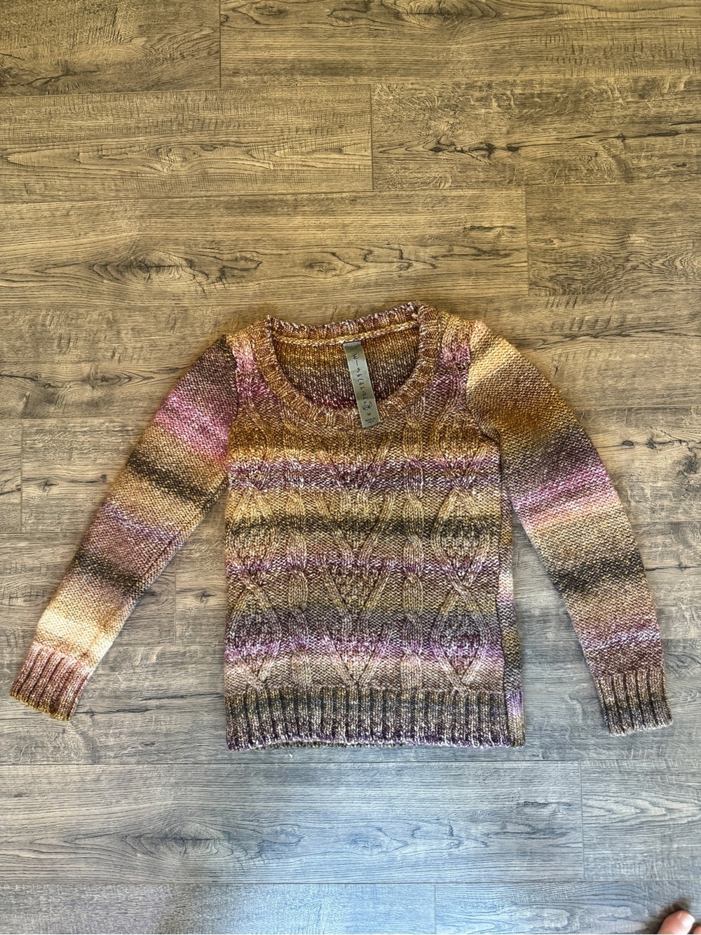 Cozy Multicolor Cable Knit Scoop Neck Sweater - Pink, Gold & Brown